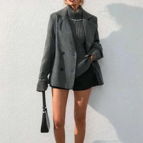 Dark Grey Casual Women's Oversized Turndown Collar Herringbone Mid-Length Jacket - Picture 1 of 6
